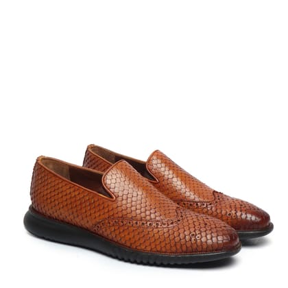 Tan Snake Skin Textured Burnished Leather Wingtip Light Weight Loafers By Brune & Bareskin-40/6