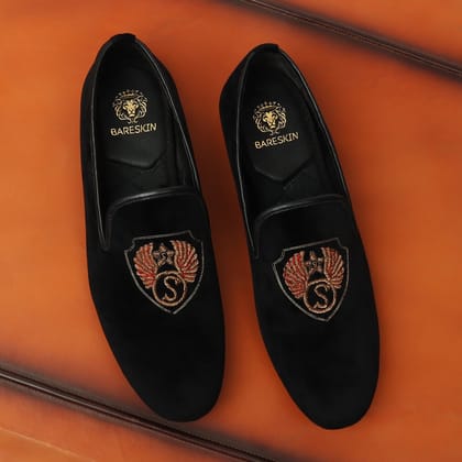 Bespoke Black Velvet Slip-Ons Emblem made with Eagle Wings Handmade Zardosi With Name Initial by Brune & Bareskin-40/6