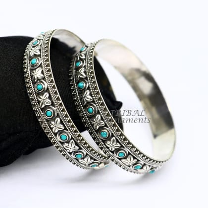 925 sterling silver customized vintage antique design turquoise stone bangle bracelet kada, best gift for brides ethnic jewelry nba338-Single