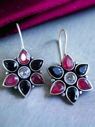 Oxidised Floral Hook Earrings with Multi-Color Stones | Sarichka-BLACK+RED