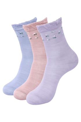 Balenzia Women's Floral design Woolen high ankle Socks- Blue,Pink,Purple-(Pack of 3 Pairs/1U)-Stretchable from 19 cm to 30 cm / 3 N