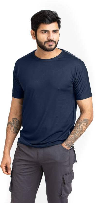 Solid Men Round Neck with Cool Rush Technology Men Solid Round Neck Polyester Blue T-Shirt