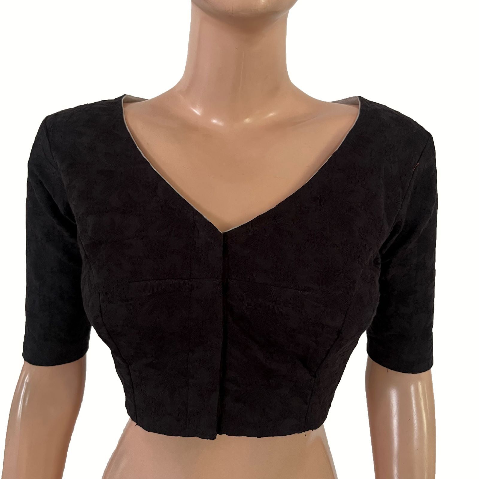 Hakoba Cutwork Cotton V Neck Blouse with Lining , Black , BW1177-S