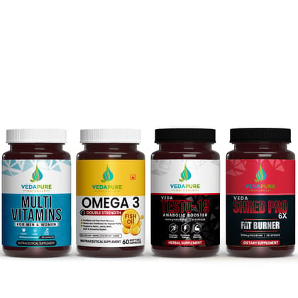 Gym Essentials Kit - Multivitamin For Men & Women - 60 Capsules & Double Strength Omega 3 Fish Oil 1000mg- 60 Softgel & Veda Testo-19  Anabolic Booster - 60 Capsules & Veda Shred Pro 6X Fat Burne
