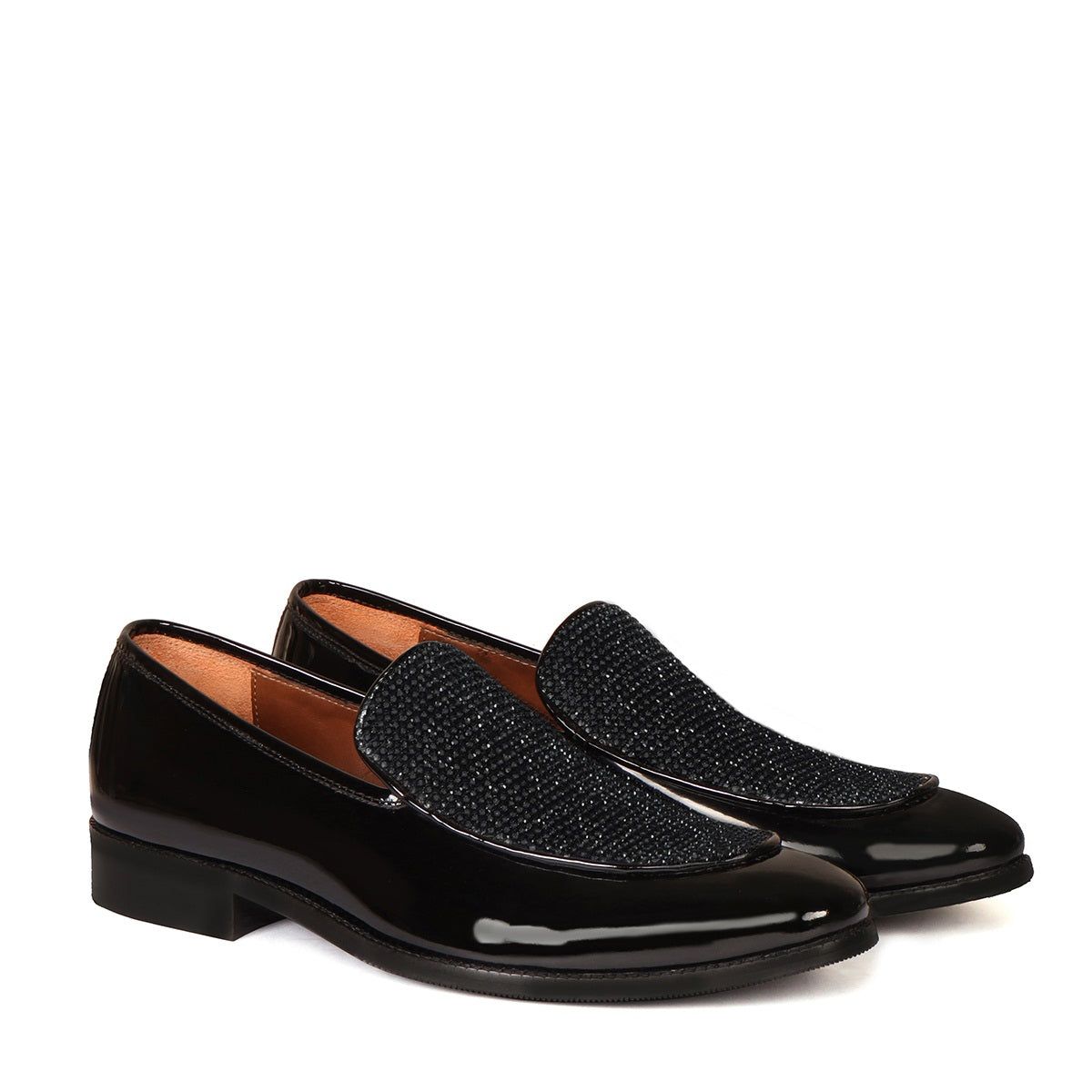 Patent Black Slip-On Shoe with Flashy Rhinestone Zardosi Beads Leather Loafers-40/6