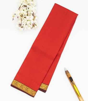 Red Handloom Kanchipuram Silk Saree With Brown Border-Red