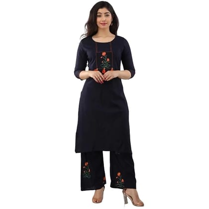 Embroidered Printed Kurti With Plazzo For Women-L / Navy Blue