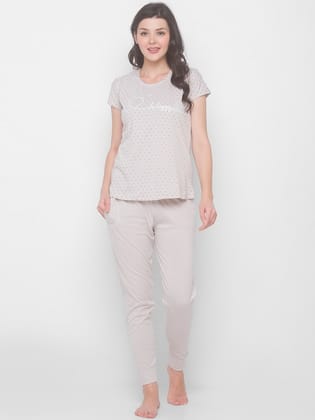 Women Beige & Black Printed Night suit