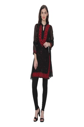 The Chikankari Story Handmade Lakhnavi Chikankari Aari Work black Kurti with Sequin Detailing – Georgette Stole Included-S