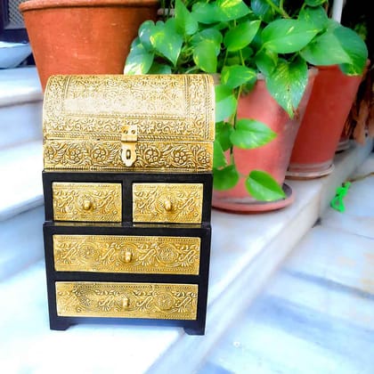 Vintage Jewelry Box Brass | Wooden Chest With 5 Drawers | Organizer for Rings, Necklace, Earrings, Makeup, Dressing Table Decor & Gifts - 13 Inch