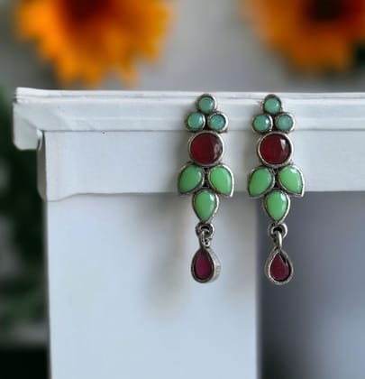 Oxidized Silver Stone Earrings for Everyday Elegance | Sarichka-Red+Mint Green