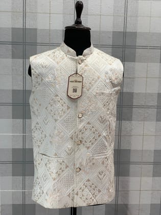White With Gold Zari Modi Nehru Mens Jacket | Embroidered Silk Koti | Mens Ethnic Waistcoat | Indian Wedding Wear Koti, Fast Delivery India (Size - 40) by Rang Bharat