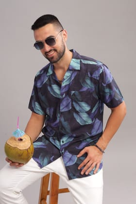 Retro Leaf Printed Half Sleeves Cuban Collar Shirt-XL
