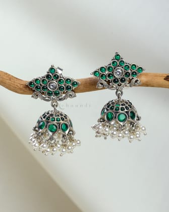 Green-Kemp Flower Jhumka With Pearl Hangings CHE1652