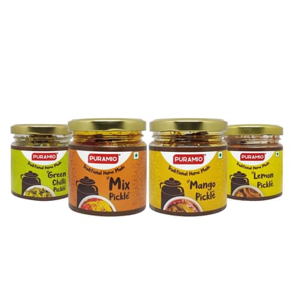 Puramio Traditional Home Made Pickle Combo of- Mango, 150 gm, Green Chilli, 115 gm, Lemon, 200 gm & Mixed, 180 gm - Pack of 4