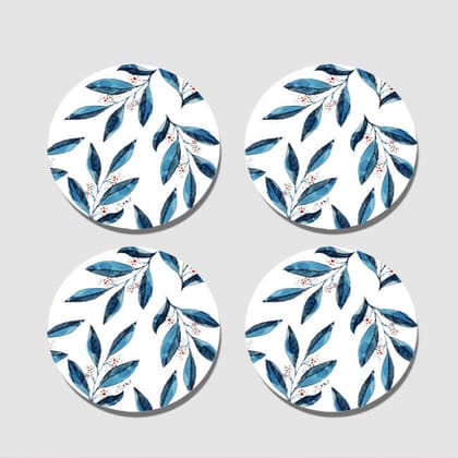 Blue Leaves Acrylic Coasters - Round - Set of 4