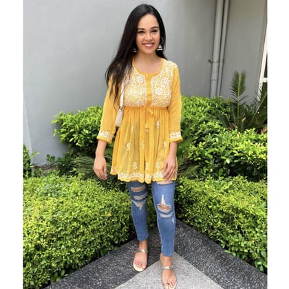 Yellow Gorgeous Chickankari Georgette Kurti-S