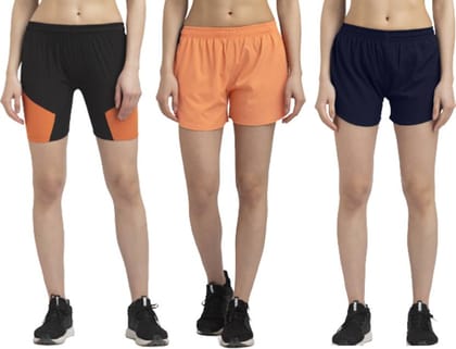 Pack of 3 Solid Women Black, Orange, Dark Blue Sports Shorts, Regular Shorts, Cycling Shorts, Night Shorts, Running Shorts