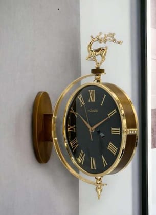 Antique Station Clock  | Double sided hanging clock with Reindeer-Black-gold