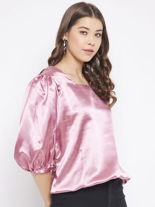 Blue Puff Sleeves Satin Top