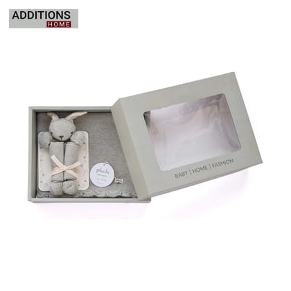 Rabbit- Vanilla Grey Cotton Knitted All Season AC Blanket with Cuddle Cloth Set for Babies(Set of 2 - Blanket & Soft Toy )-Grey
