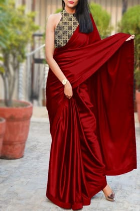ANSH Womens Satin Solid Saree length (5.5m) & Blouse Piece Size (0.8m) (Maroon)
