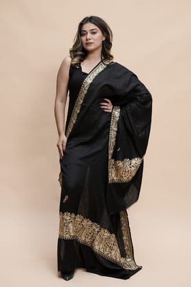 Black  Colour Semi Pashmina Shawl Enriched With Ethnic Heavy Golden Tilla Embroidery With Running border-Semi pashmina / length 80 inch Width 40 inch / Dry Clean only
