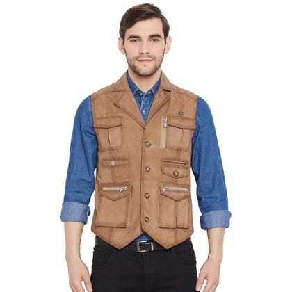 Beige Suede Leather Stylish Vest Jacket with Multi Pockets By Brune & Bareskin-S