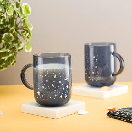Pasabahce Night Sky Blue Glass Printed Mug Transparent 330 ml in Set of 2 Pcs, Perfect fit for Milk/Tea/Coffee.