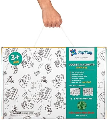         Pepplay Reusable Coloring Placemats Sheet with 8 Erasable Marker Pens, Non Toxic,Creative Doodle Art Kit, Travel Coloring Art Kit for Kids, for 3+ Years Age Groups (Vehicle Series)       