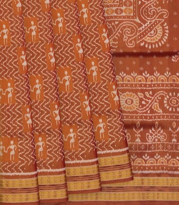 Rust Handloom Orissa Tissue Silk Saree With Tribal Motifs-Rust-Rust