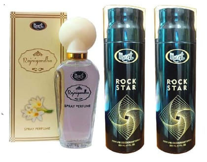 Monet - RAJNIGANDHA PERFUME&2 ROCKSTAR DEO Deodorant Spray for Women,Men 430 ml ( Pack of 3 )