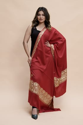 Maroon Colour Semi Pashmina Shawl Enriched With Ethnic Heavy Golden Tilla Embroidery With Running border-Semi pashmina / length 80 inch Width 40 inch / Dry Clean only