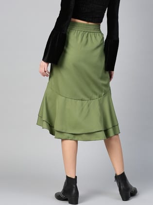 Women Olive Green Solid Ruffled Layered A-line Skirt