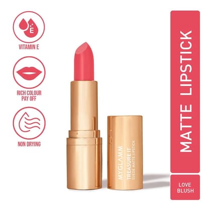 Treasure IT Suede Matte Lipstick - Love Blush (Deep Rose Pink Shade) | Long Lasting, Non Drying Bullet Lipstick With Vitamin E, Cocoa Butter (4.2g)