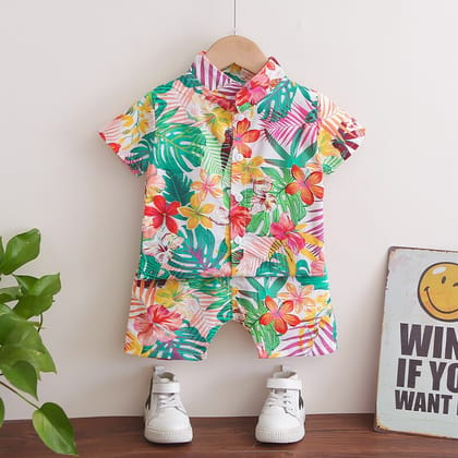 Boys Multi Color All-Over Print Shirt & Short Kid's Set ||1-6 years -PINK-FLORAL-PRINT-SHORTSET-18-24 MONTH