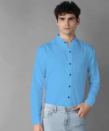 Rich Vesture Mens Light Blue Color Poly Cotton Fabric Solid Regular fit Full Sleeve Casual And Semi Formal Wear With Apple Cutt Shirt For EveryDay (Pack of 1) (Size:- L) - None