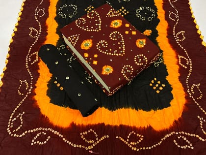 Cotton Satin Heavy Barik Bandhej and mirror work Bandhani Dress Material-Unstitched / Maroon-Black