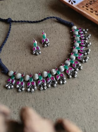 Oxidised Silver Look-Alike Necklace Set Perfect for Navratri Wear | Sarichka-RED+GRN