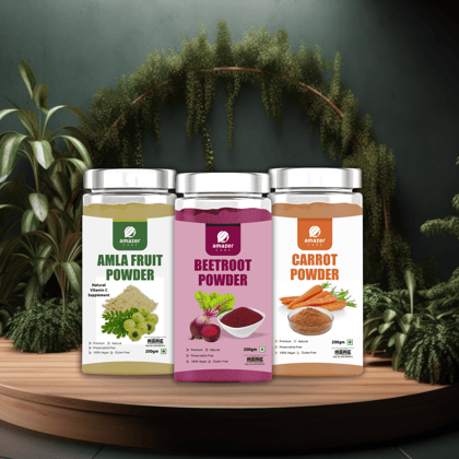 AmazerCare Beetroot + Carrot + Amla Powder (Dehydrated, 200gm each) - Great Immune Booster Combo, Pure & Natural For Eating & Drink, Jar Packing, Superfood, Full of Nutrients-600gm Combo