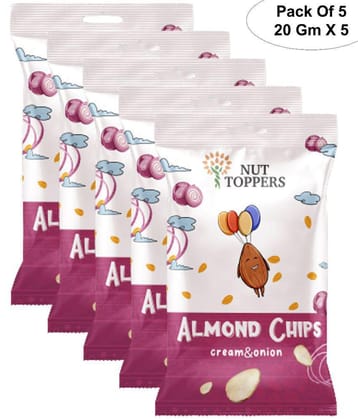 Nut Toppers Almond Chips- Cream & Onion flavour-100g( 20g X 5 ), oven roasted ,not fried, roasted almond chips, no preservatives, Almond-Based Spicy Crunchy Chips Perfect for Snacking.