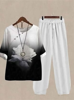 Cosy & Stylish: White & Black Coord Set with Rose Patterns-S