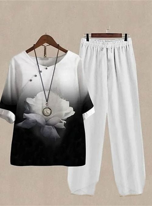 Cosy & Stylish: White & Black Coord Set with Rose Patterns-S