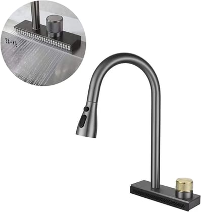 InArt 3 Flow Waterfall Sink Tap Faucet Single Lever Kitchen Sink Mixer 360° Rotatable Pull Out Kitchen Faucet Black Color KSF044