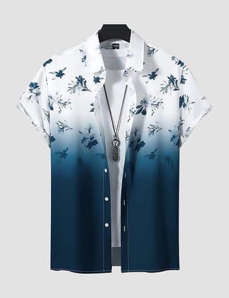 BLUE AND WHITE FLOWER DESIGN PRINTED COTTON MATERIAL BEACH WEAR HALF SLEEVES SHIRT FOR MEN-M