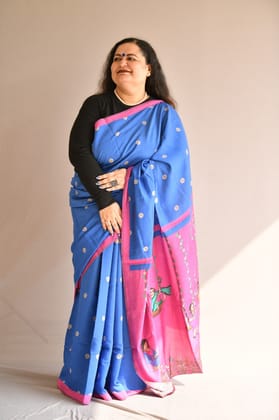 Navy Blue and Rani Pink Floral Hand Painted Printed Designer Chanderi Silk Saree
