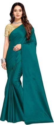 ANSH Womens Satin Solid Saree length (5.5m) & Blouse Piece Size (0.8m) (Teal)