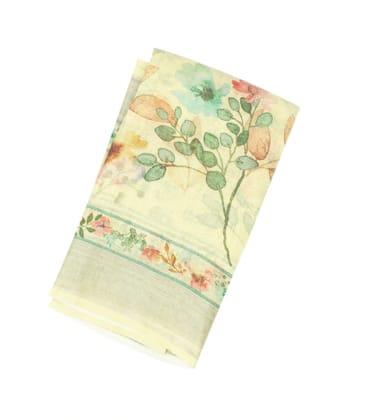 Light Yellow Handloom Linen Saree With Printed Floral Motifs-Yellow