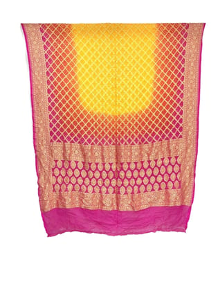 Bandhani Dupatta Golden And Pink Color Janglow Design Banarasi Georgette Bandhani Dupatta  by KalaSanskruti Retail Private Limited
