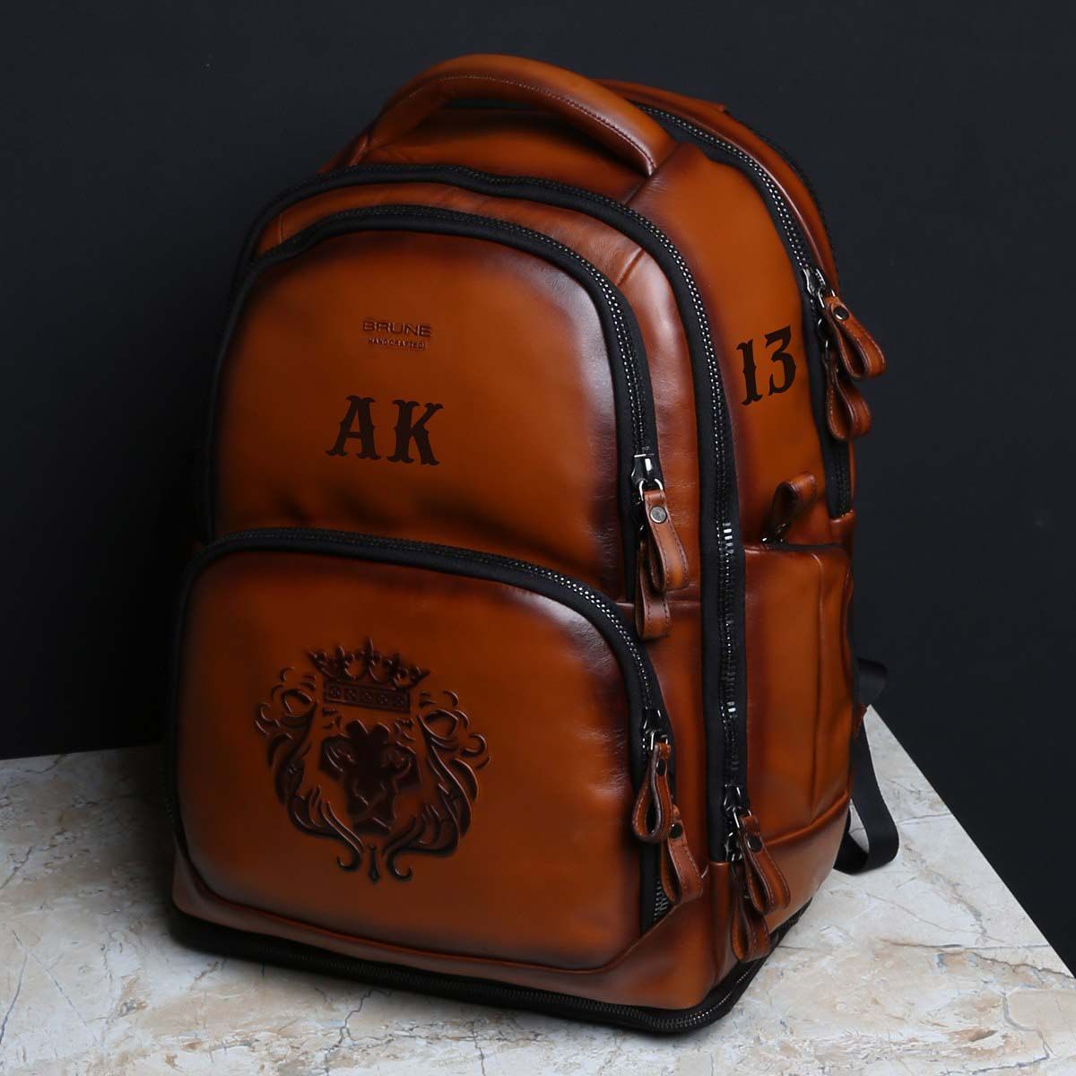 Tan Leather Customized Backpack with Name Initials AK by Brune & Bareskin-FS
